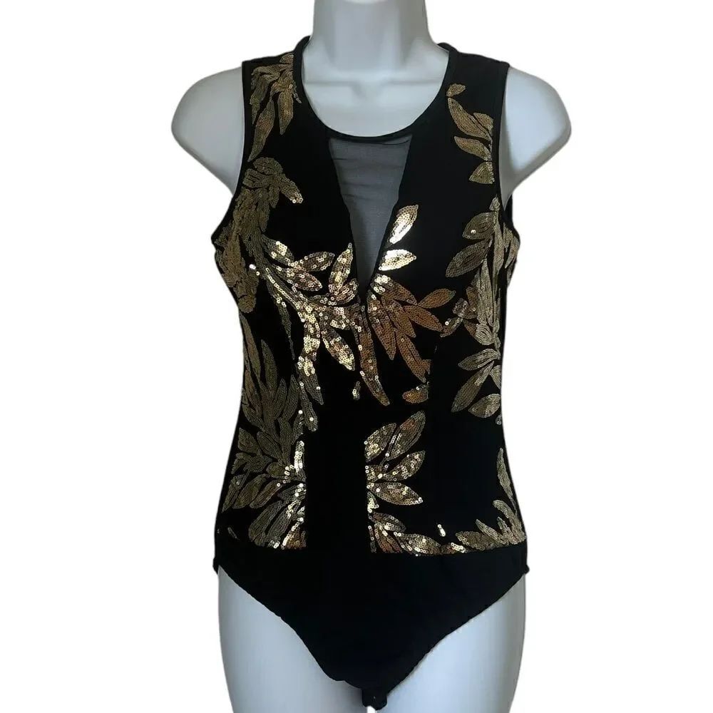 NWT Black Gold Sequin Sparkle Sleeveless Mesh V Neck Embellished Bodysuit S